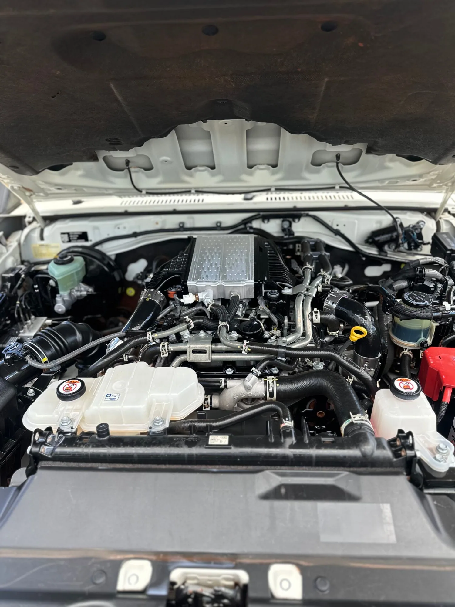 The LandCruiser engine bay after detailing, with clean covers, hoses and reservoirs